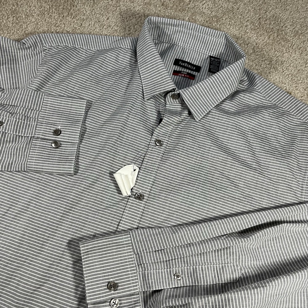 Van Heusen Dress Shirt Mens 18-18.5 2X Flex Collar Slim Fit Stretch Men Gray New